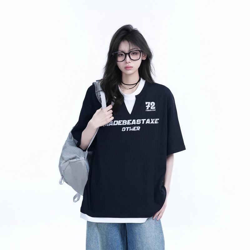 

EBAIHUI Letter Printed Woman Fake Two-piece Tees Round Neck T-shirt with Contrasting Color Features Summer Trendy Design Women s Top M чорний