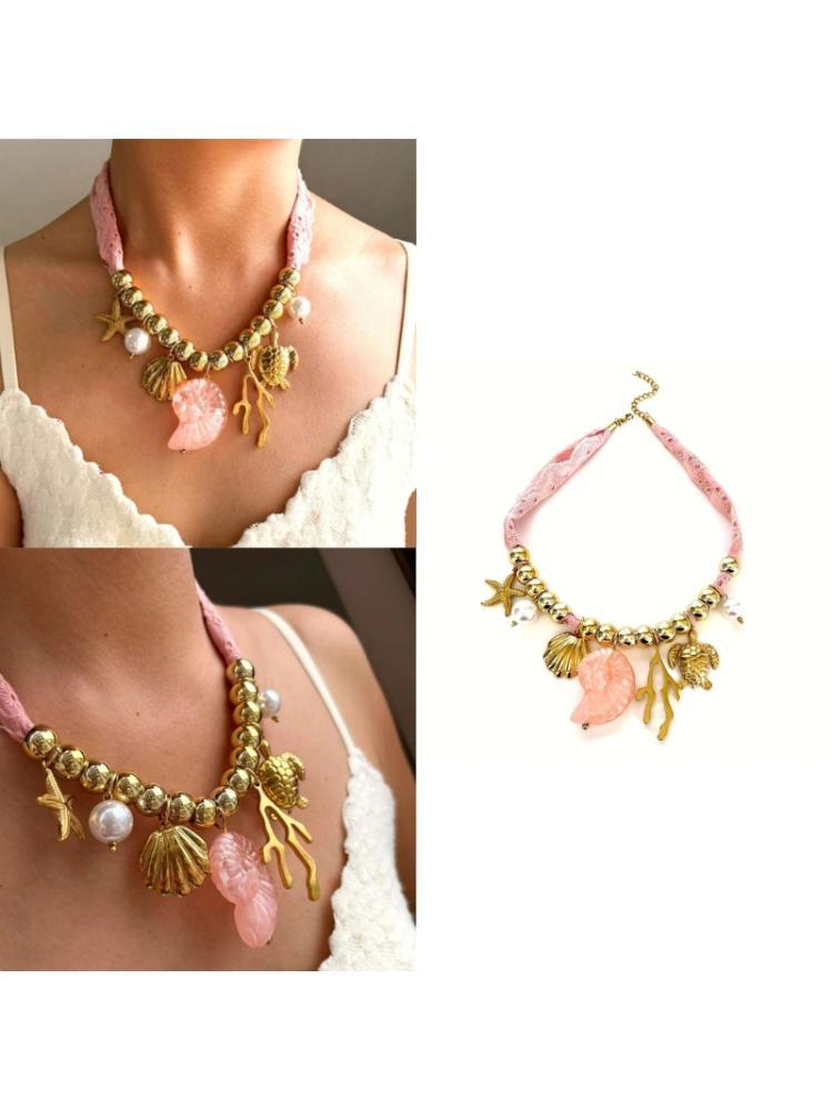 A52E Ceramic Shell Charm Necklace Stainless Steel Neck Chain Lightweight Adjustable Design For Vacation CN