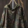 Johnature Women Vintage Hooded Pullover Sweaters Print Floral Patchwork Pockets Autumn Knitted Casual Female Sweaters