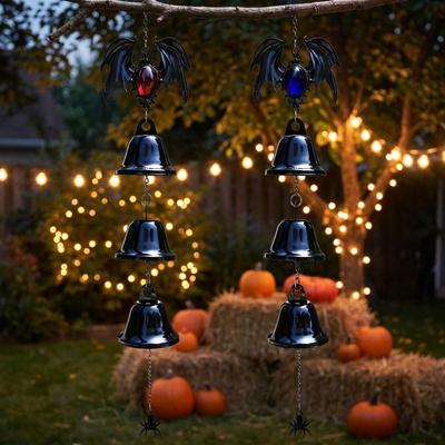 Vintage Halloween Bat Wind Chime Triple Bell Bat Spider Hanging Ornament  Garden Courtyard Decor