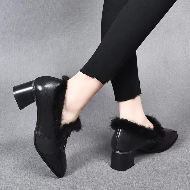Fashion Kitten Heel Women's Block Heel Slip-on Cotton Leather Shoes Women's Square Toe Wool Shoes Deep Mouth Cotton Shoes