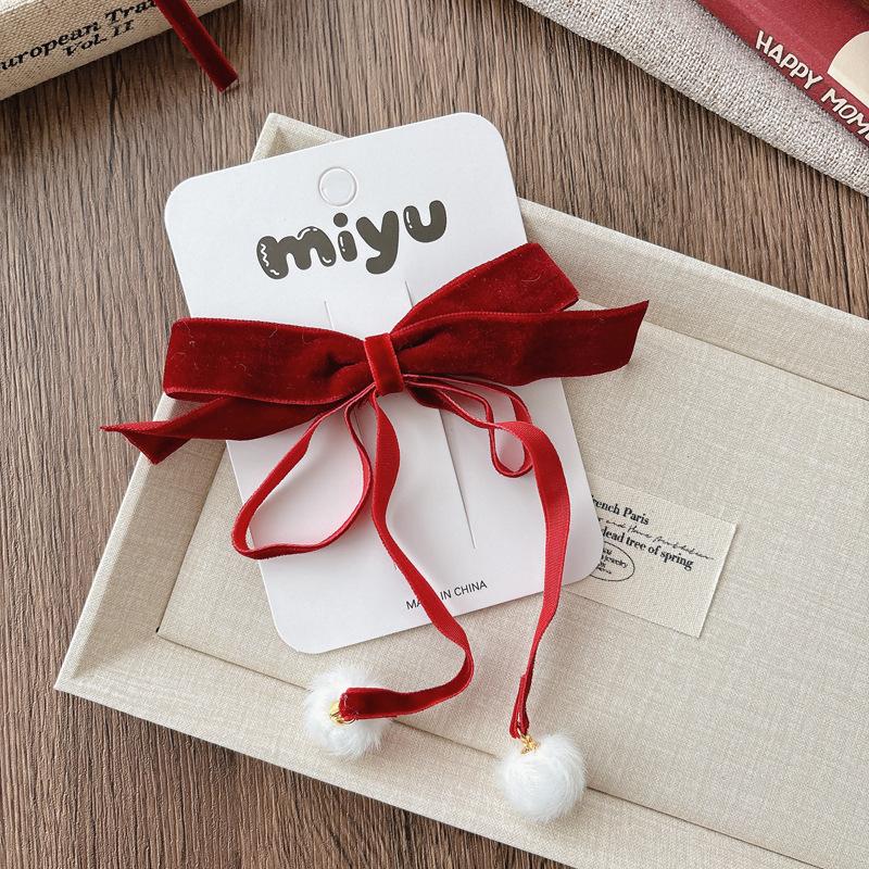 Lace Bowknot Hair Clips For Girls Sweet Versatile Stylish Year Ponytail Hairpin Red Velvet Korean Kids Princess Headwear