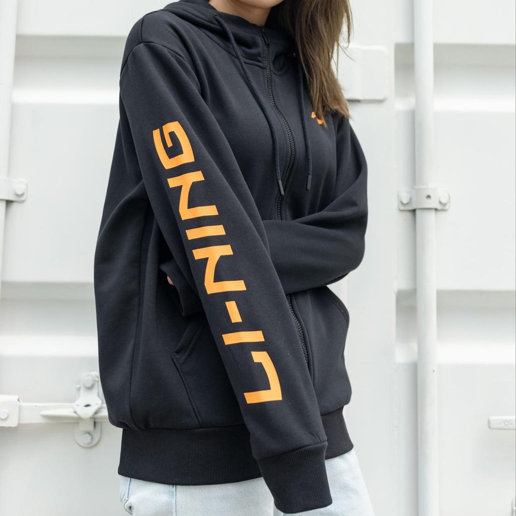 Li Ning Sports Fashion Collection Logo Print Fleece Lined Thermal Hooded Zippers Jacket Unisex New Standard Black AWDPD23-11