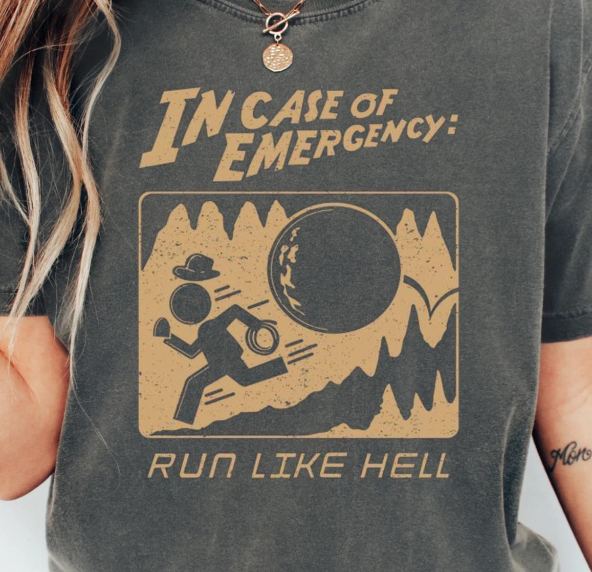 Funny Indiana Jones Inspired T-Shirt, Emergency Run Like Hell Tee, Geek Shirt S