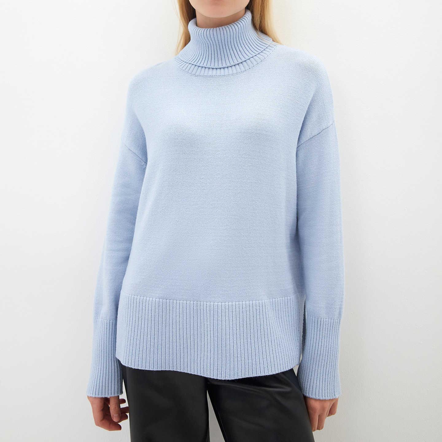 Женские водолазки оверсайз осенний винтажный бежевый вязаный свитер с разрезом по бокам мягкий теплый пуловер для девочек джемпер L светло-синий 2293₽