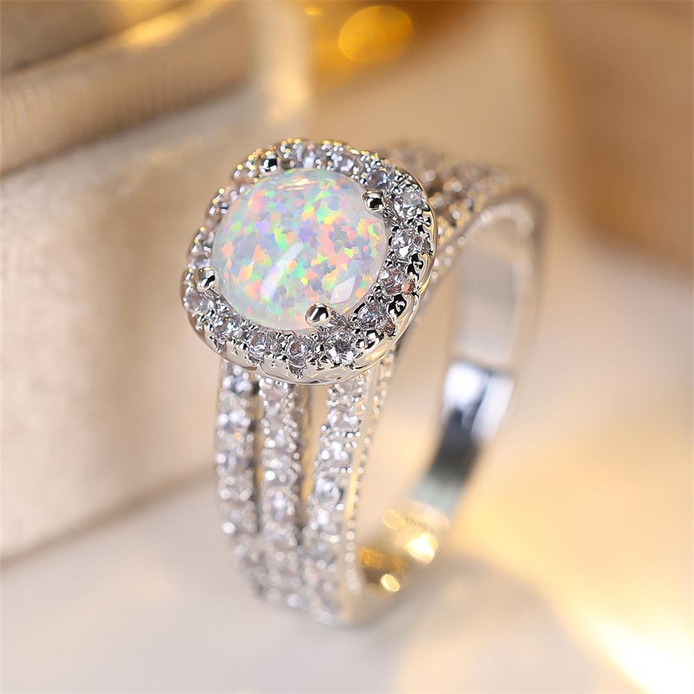 White Fire Opal Round Stone Engagement Rings For Women Vintage CopperColor Luxury Crystal Wedding Bands Birthstone Jewelry Gift
