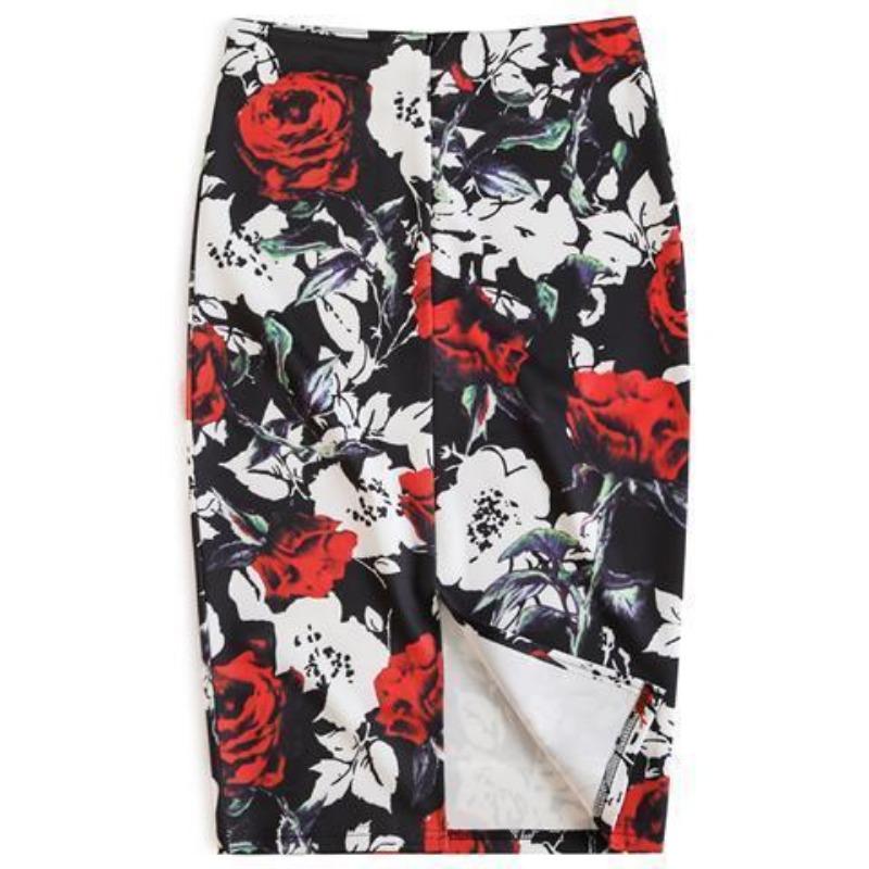Summer Cartoon Print Elegant Pencil Skirt Women Bodycon High Waist Knee Length Skirt Female