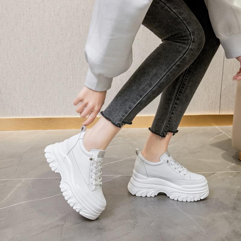Fashion 9CM High Heel Genuine Leather Women Shoes Chunky Sneakers Wedge Platform Shoes Spring Summer Women Breathable Comfy Footwear