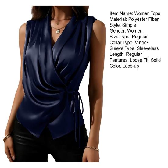 Women Tops Sleeveless Satin Swing Collar Pleated Strap Design Loose Fit Summer Tops Casual Work Party Date Wear