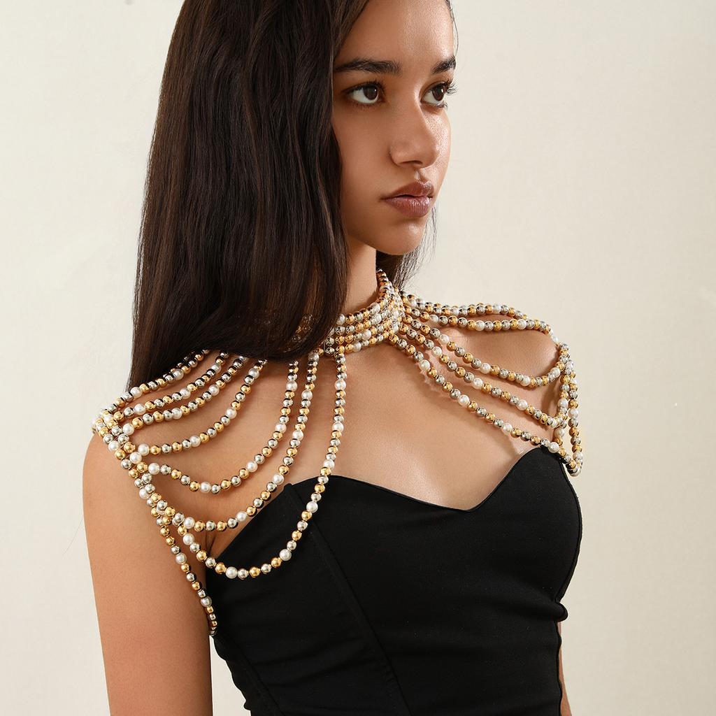 Accessories Fashion Temperament Multi-layer Imitation Pearl Tassel Shoulder Chain Dress with Clothing Body Chain Chest Chain
