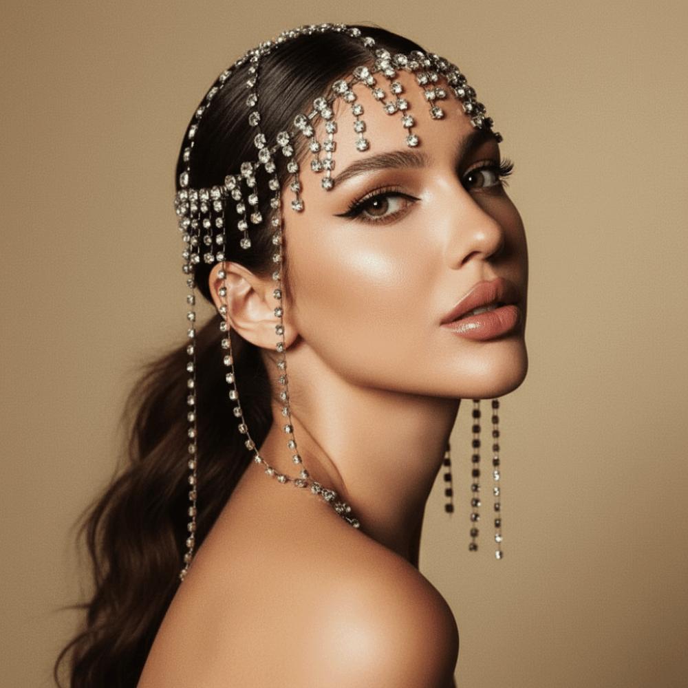 Flash Rhinestone Cap Headpiece Full Rhinestone Inlay Tassel Headband  Stage Performance