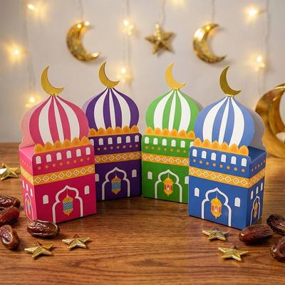 12Pcs Paper Eid Mubarak Gift Box Moon Castle Pattern Surprise Gift Moon Lantern Box Decoration Favor Bags Ramadan Kareem Box