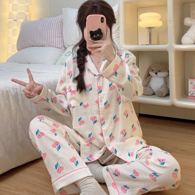 Cherry Print Harajuku Style Women Pajama New Autumn Winter Homewear Sweet Cute Casual Long Sleeve Pajamas Set