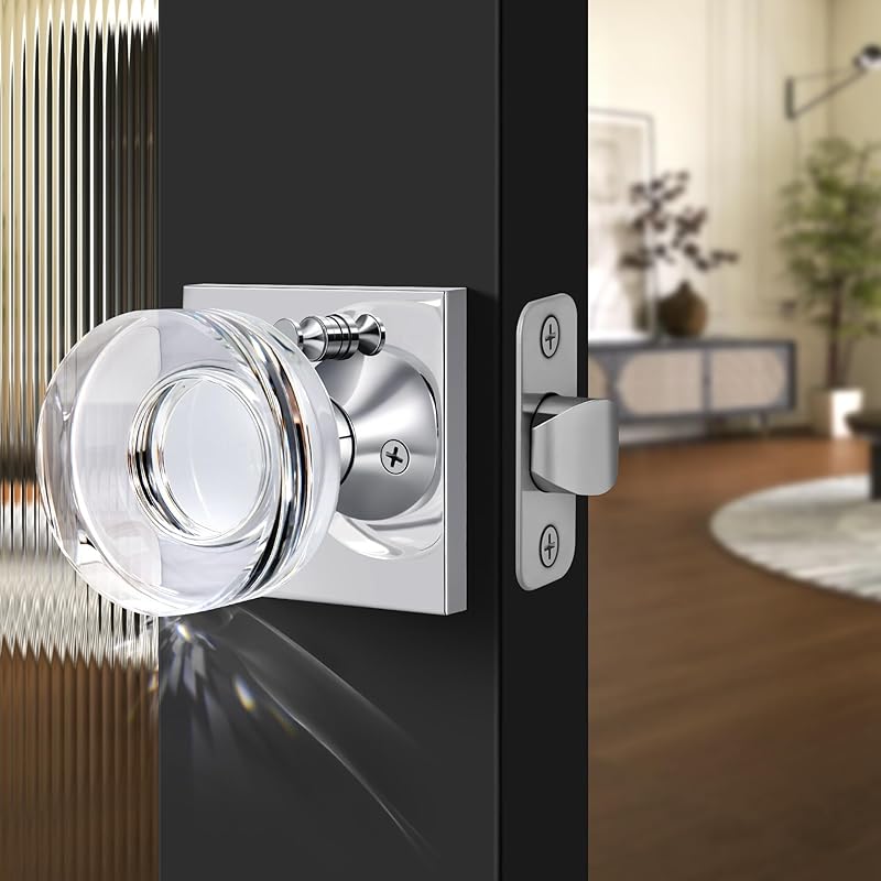 Privacy Crystal Door Knob, Gold Vintage Crystal Door Knob with Privacy Lock, Glass Doorknob Interior for Bathroom, Bedroom, Satin Brass