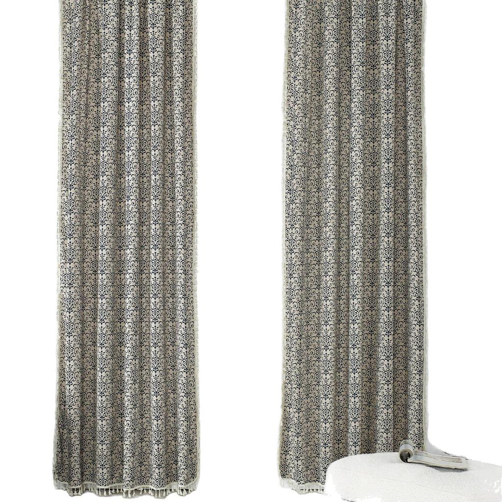 North American Style Cotton Linen Printed Curtains with Tassels, No-Drill Rod Pocket for Balcony or Bay Windows