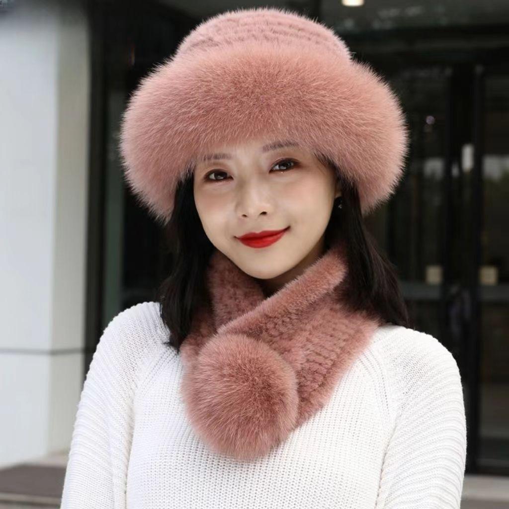 Women's Hat Faux Fox Fur Hat Winter Extra Thick Ladieswear Style Mongolian Beret Scarf and Baotou Basin Hat Wind and Snow Hat