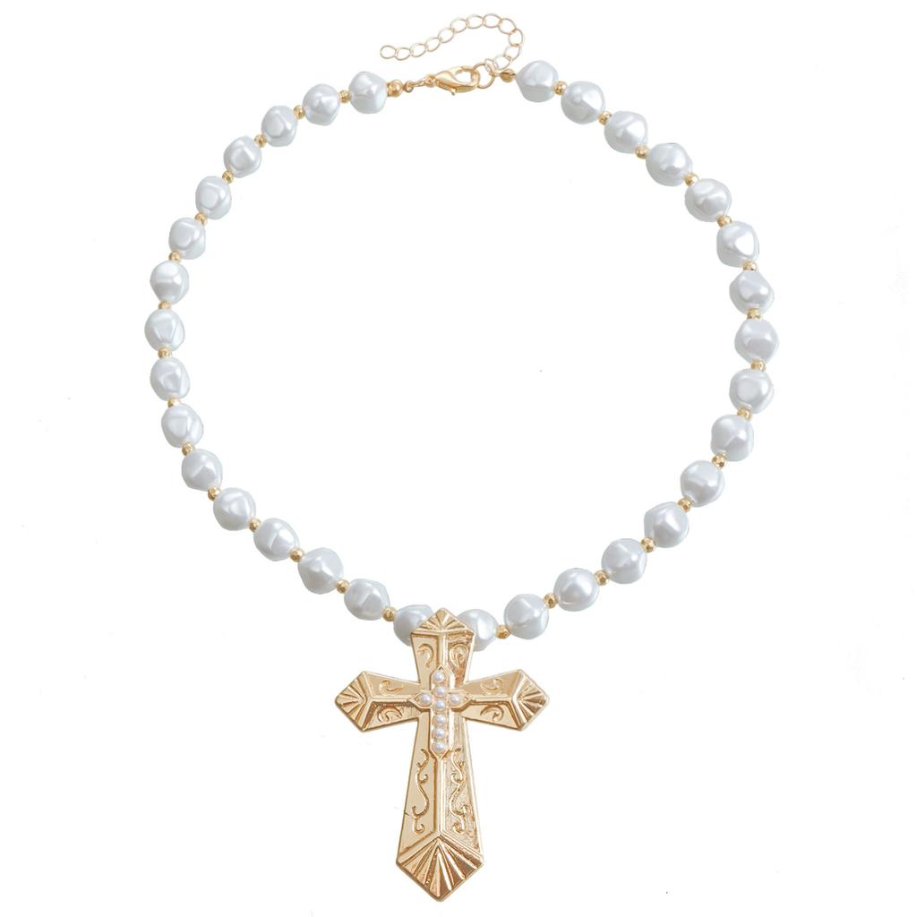 Punk Style Intarsed Cross Collarbo Chain Personalizowany Modny Nieregularny Naszyjnik z Pereł