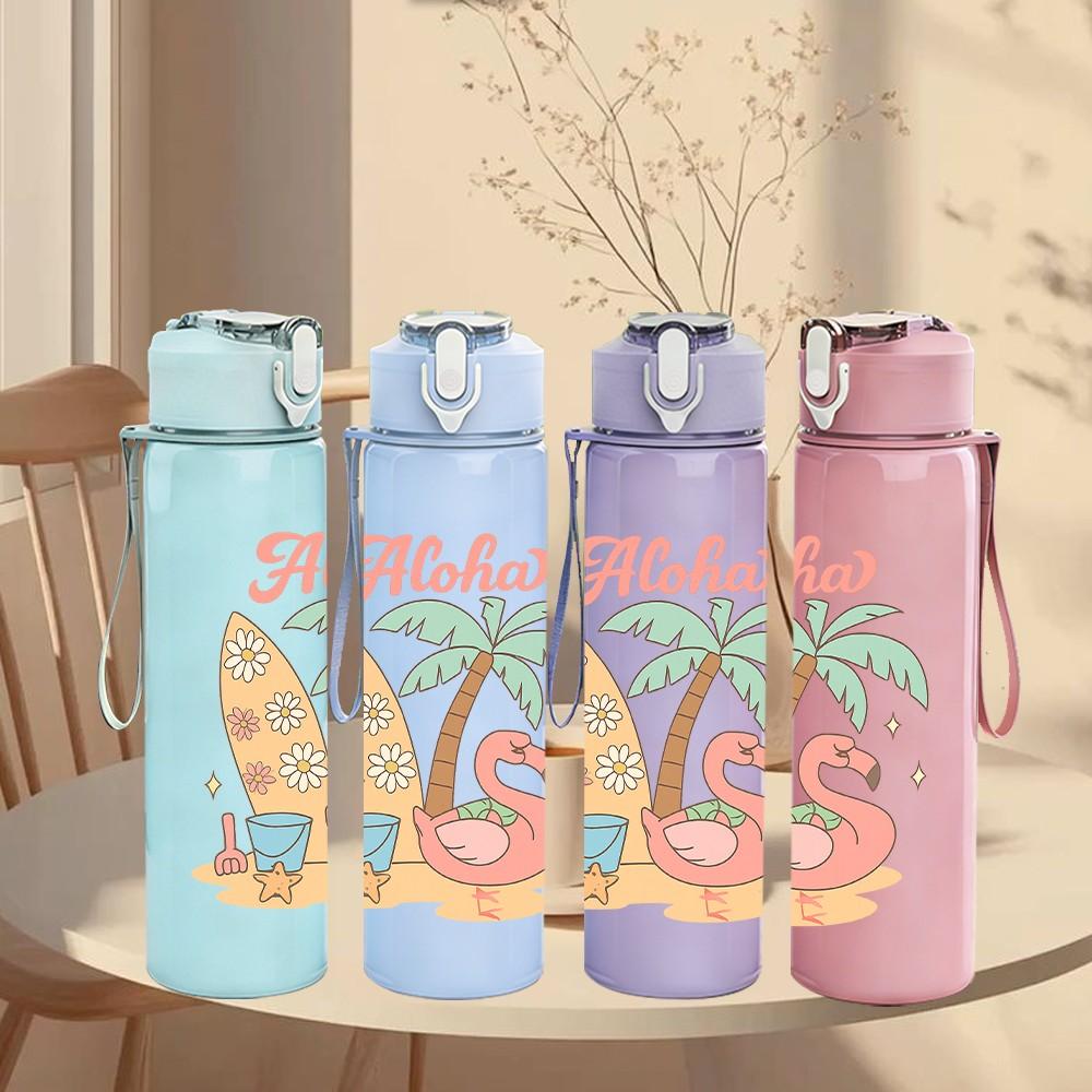 1PC Aloha Palm Surfboard Print 750ml Color Plastic Sports Water Bottle Leakproof Flip Straw Lid Suitable for Sports Office Home Use