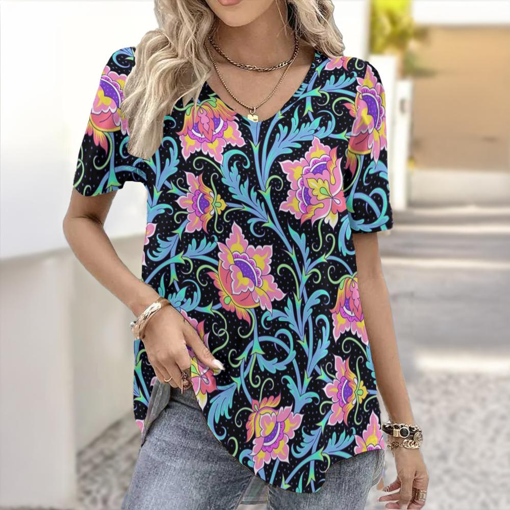 Summer Flower Rose 3D Print T-shirt Women Streetwear Casual T Shirts Y2k Tops Woman Harajuku V-Neck Tees Oversized Clothing