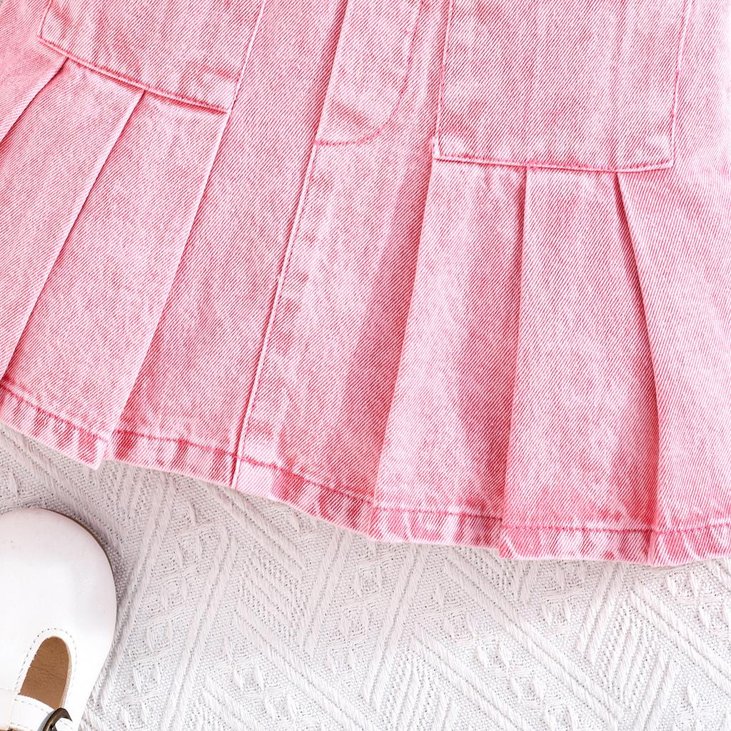 Kids Casual Denim Outfit, 2-Piece Frayed Edge Vest and Pleated Skirt