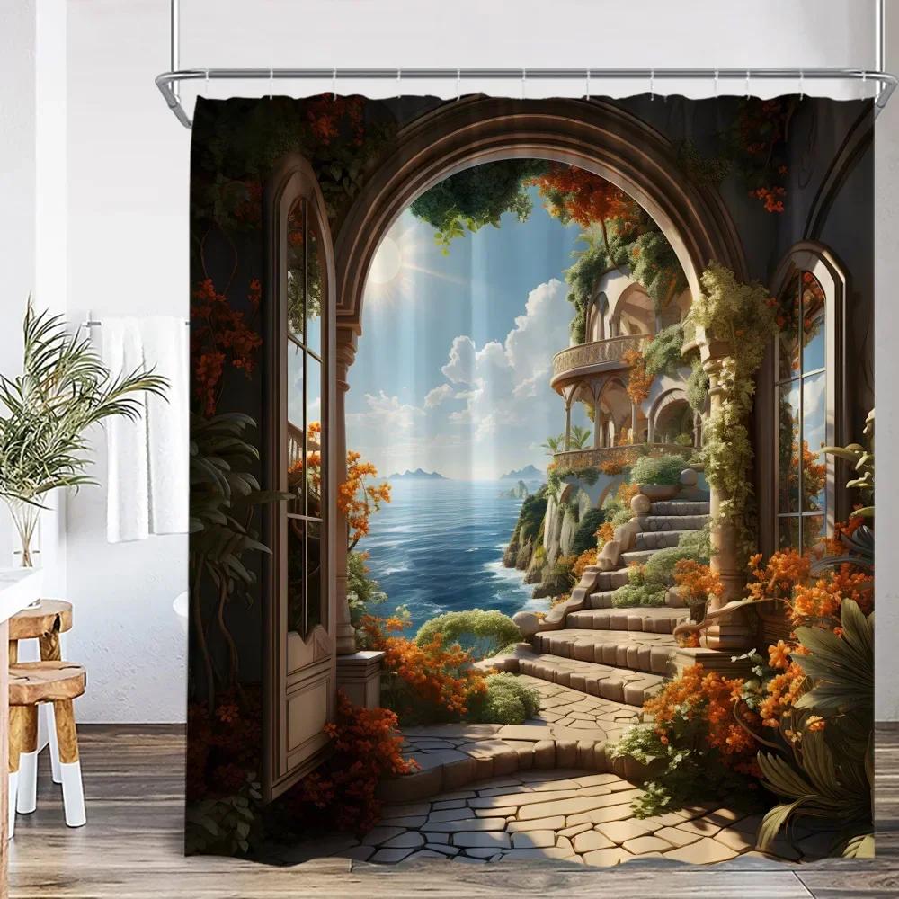 Deniz Kenarı Manzarası Dış Mekan Manzarası Plaj Duş Perdesi Banyo Dekorasyonu Kancalı Polyester Duş Perdesi