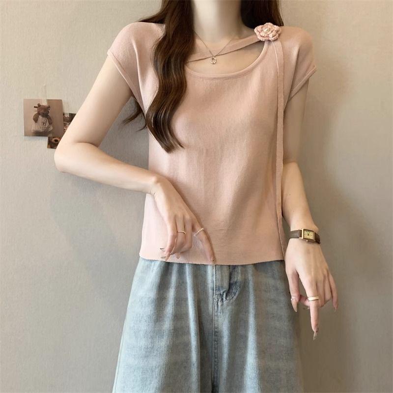 

2025 Светло-фиолетовая трикотажная футболка с квадратным вырезом и лентами - Женский топ с коротким рукавом L розовый