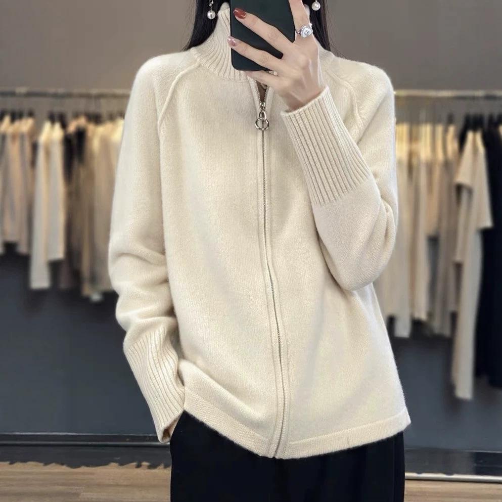 European and American Pure Color Half-High Collar Knit Zipper Sweater for Women - Autumn/Winter Loose Slimming Cardigan