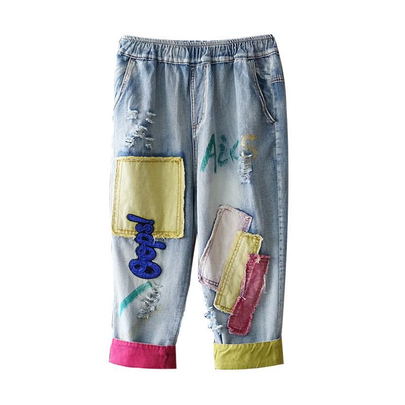 

WTEMPO женские джинсы с вышивкой и эластичной резинкой на талии с рваными отверстиями, свободные джинсы больших размеров, тонкие укороченные брюки XL синий