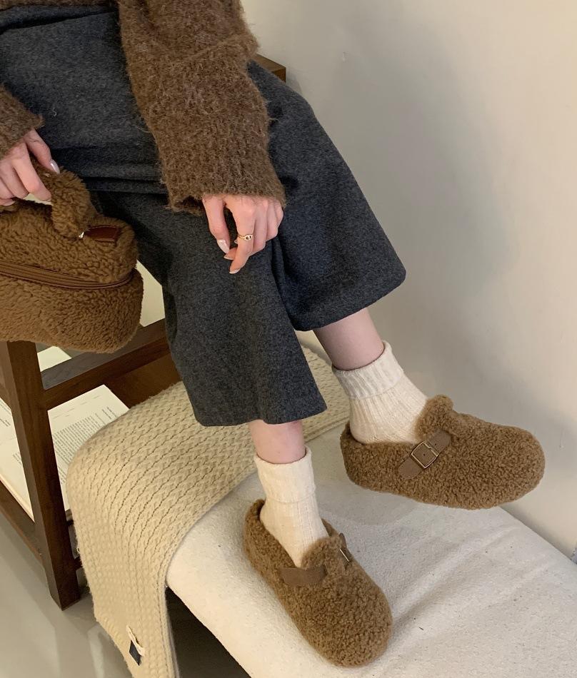 2025 New Belt Buckle Thick-soled Imitation Lamb Wool Cotton Slippers Outer Wear Bag Head Fluff Half-drag Warm Women's Shoes Slippers