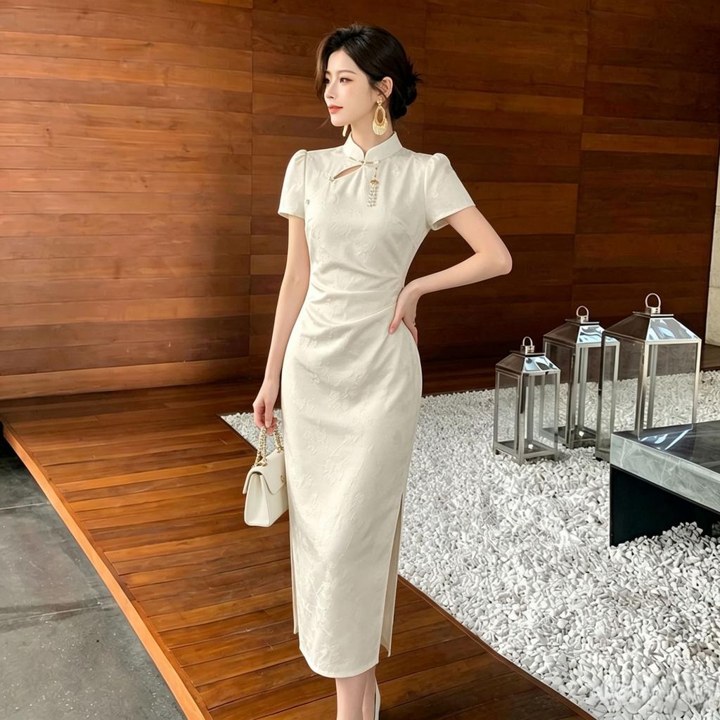 [Spot] Chinese Short-sleeved Women's Summer New Temperament Fashionable High-waisted Slim-fitting Medium and Long Dress