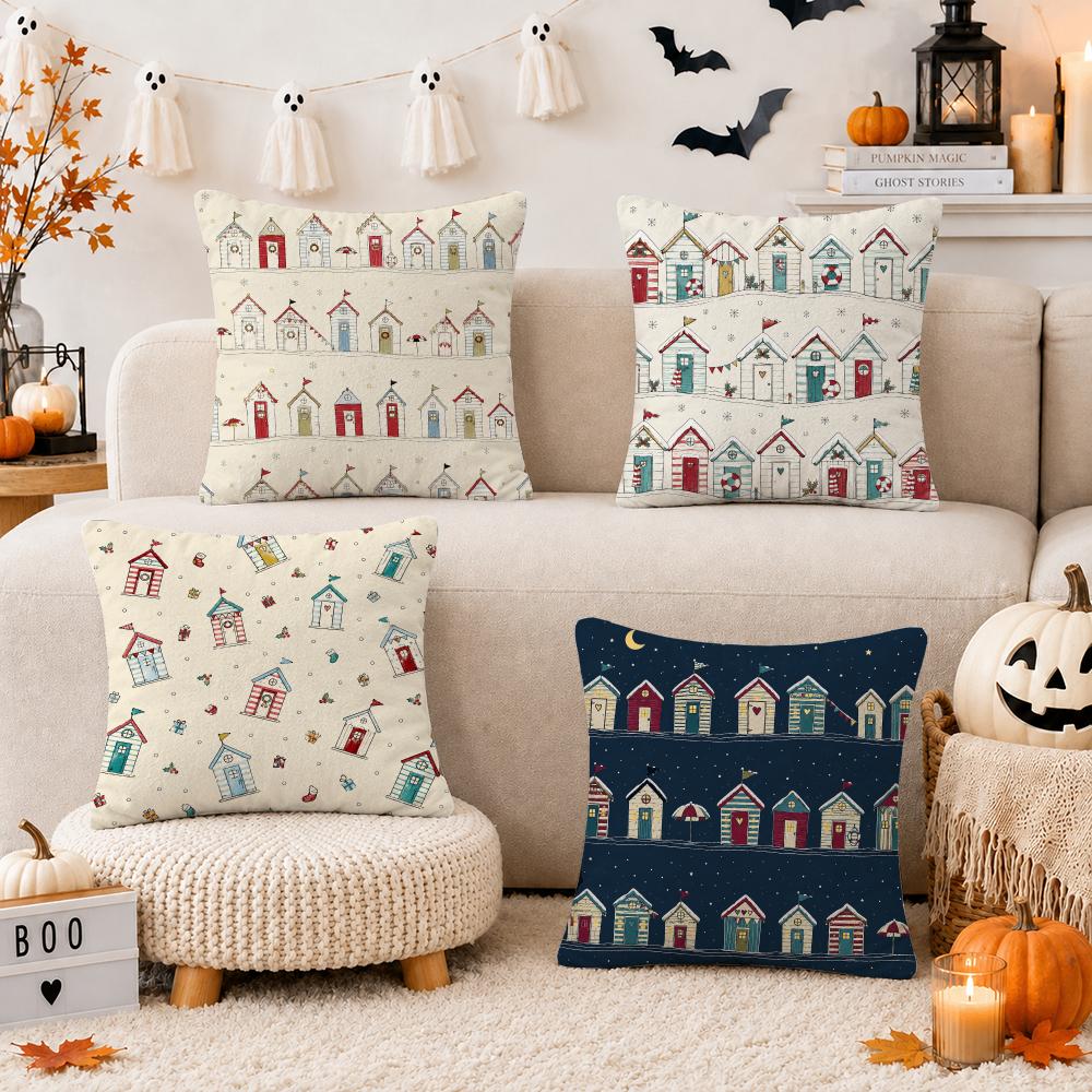 Beach Hut Nautical Coastal Cushion Cover Breathable Short Plush Pillow Case Machine Washable Wrinkle-Resistant Soft Durable