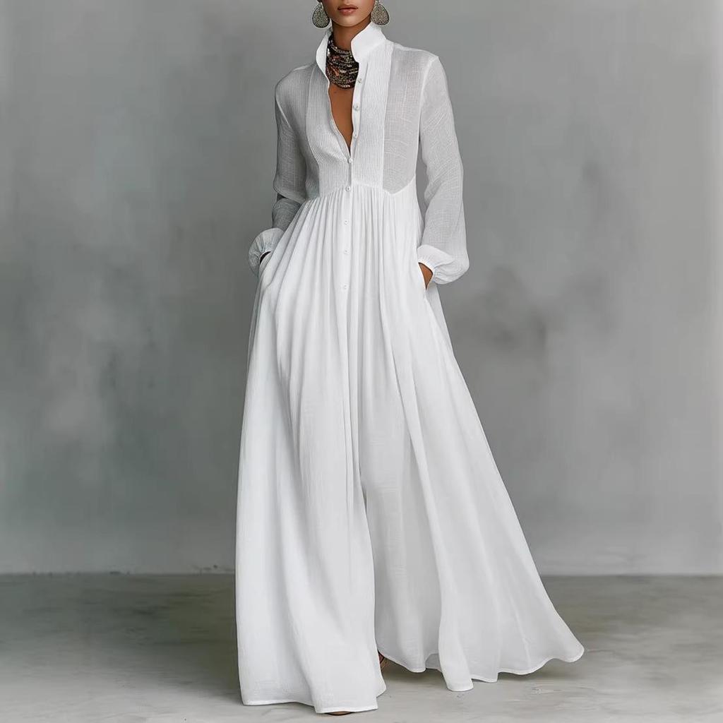 2026 Elegant French White Pleated Long-sleeve Waist-cinching Holiday Dress