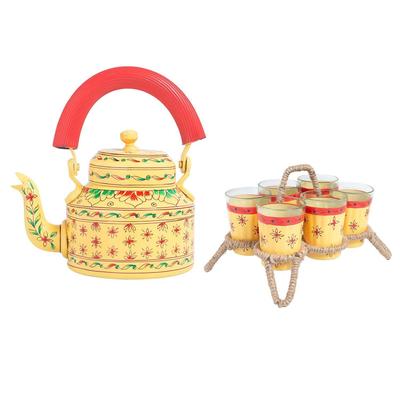 Handcrafted & Handpainted Multicoloured Aluminium Tea Kettle Pot and 6 Glasses with Stand (Yellow, Red, Green)