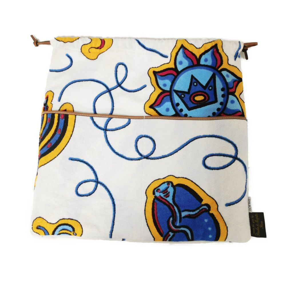 Used 12695 Drawstring Large Bag 7922 Logo Towel Multicolor Calfskin Tan Drawstring Bag Paula's Ibiza Pile White Unisex
