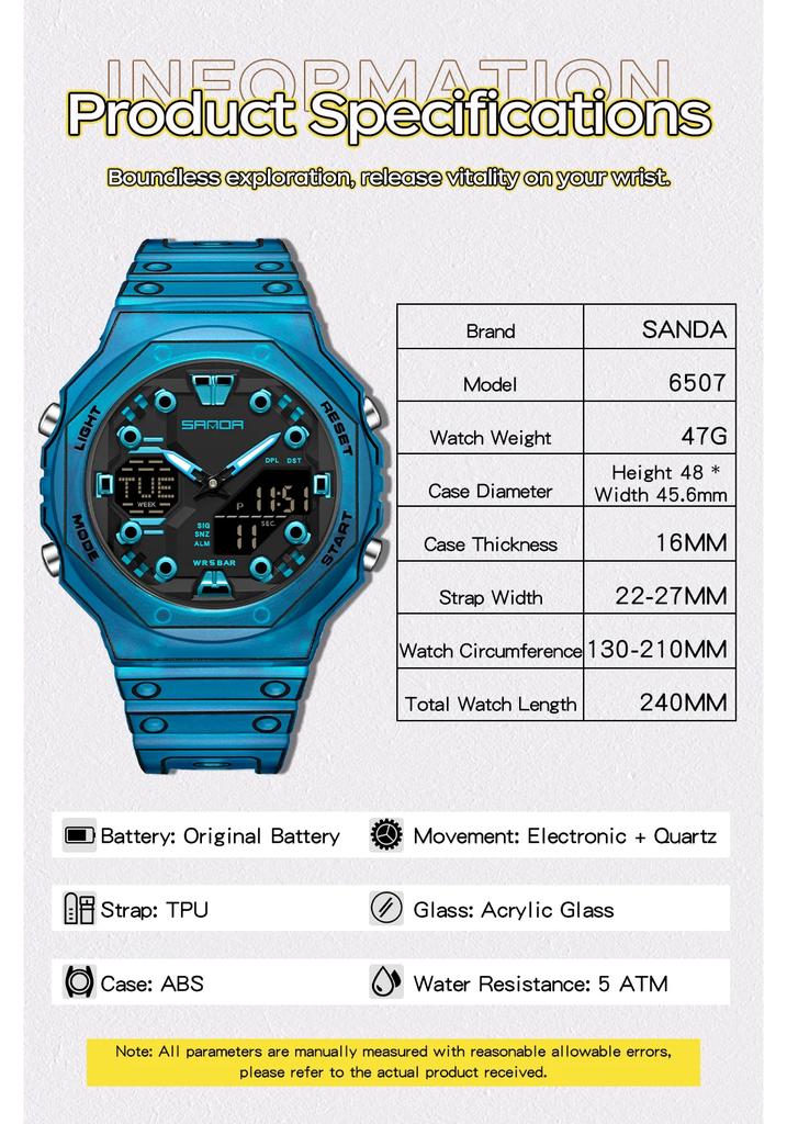 SANDA 6507 Outdoor Sports Men's Watch, Suitable for Neutral Waterproof, Fashionable, Luminous, Multi functional Electronic Wrist