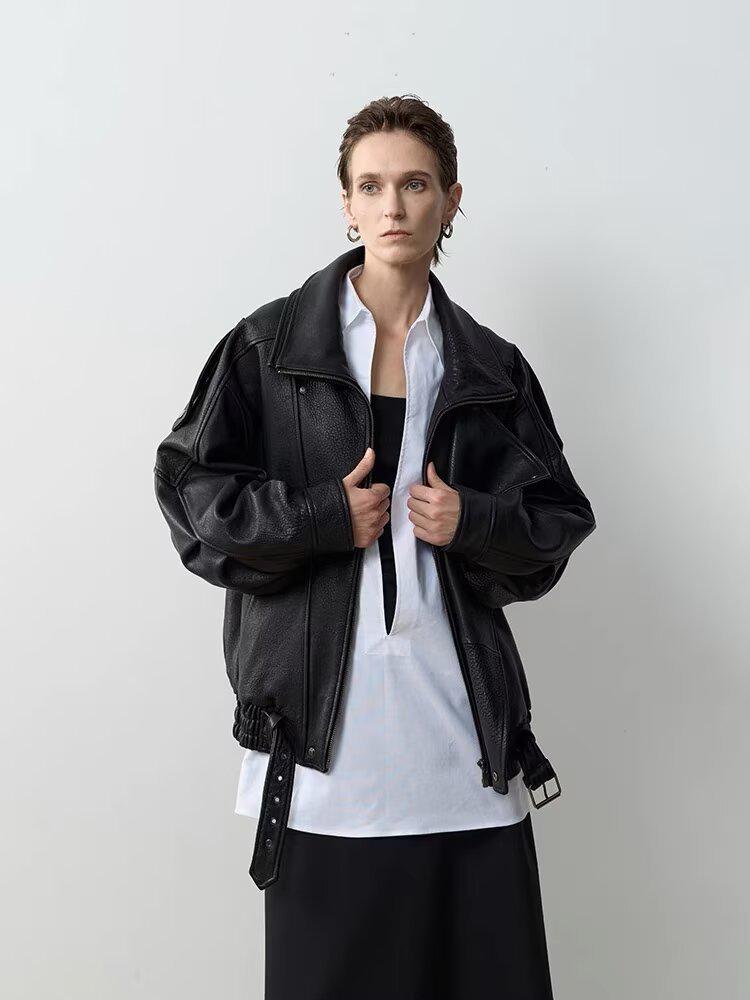 Women's Retro Brown Leather Biker Jacket – Autumn Loose Fit, High-End Fashion