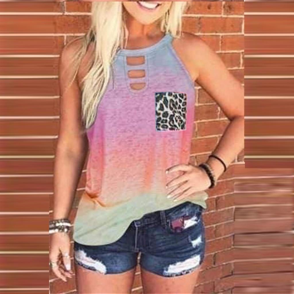 Womens Tie-Dye Leopard Pocket Sleeveless Tank Top Casual Summer Blouse Shirts