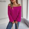 ZANZEA Herbst Winter Damen Schulterfrei Langarm Strick Hohlpullover Pullover