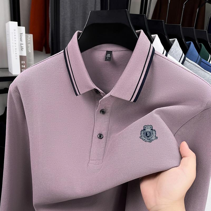 Cotton High-End Brand Men's Polo Shirt Lapel Long Sleeve T-Shirt Autumn Arrival Badge Print Soft Business Office Menswear
