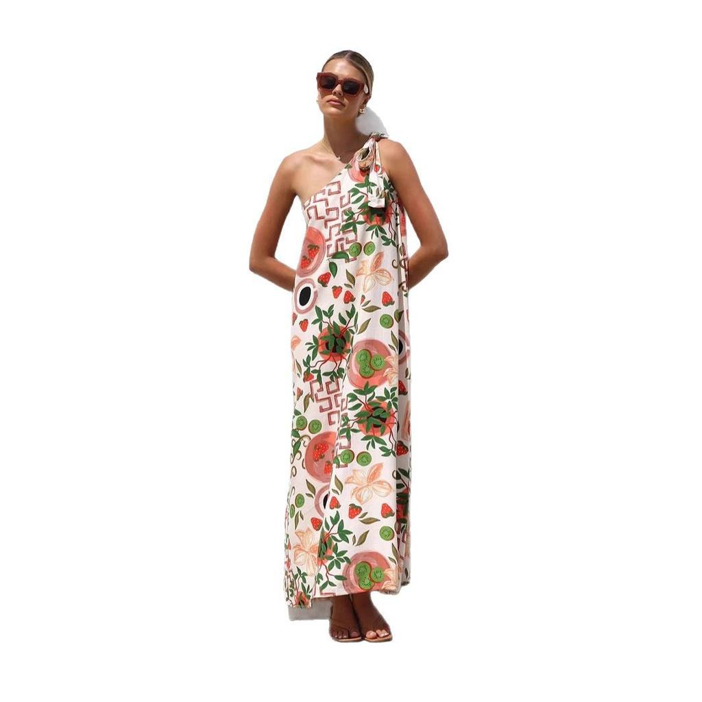 Women's Summer One Shoulder Sleeveless Dresses Floral Flowy Ruffle Maxi Sundresses Casual Boho Beach Party Wedding Guest Dresses for Women