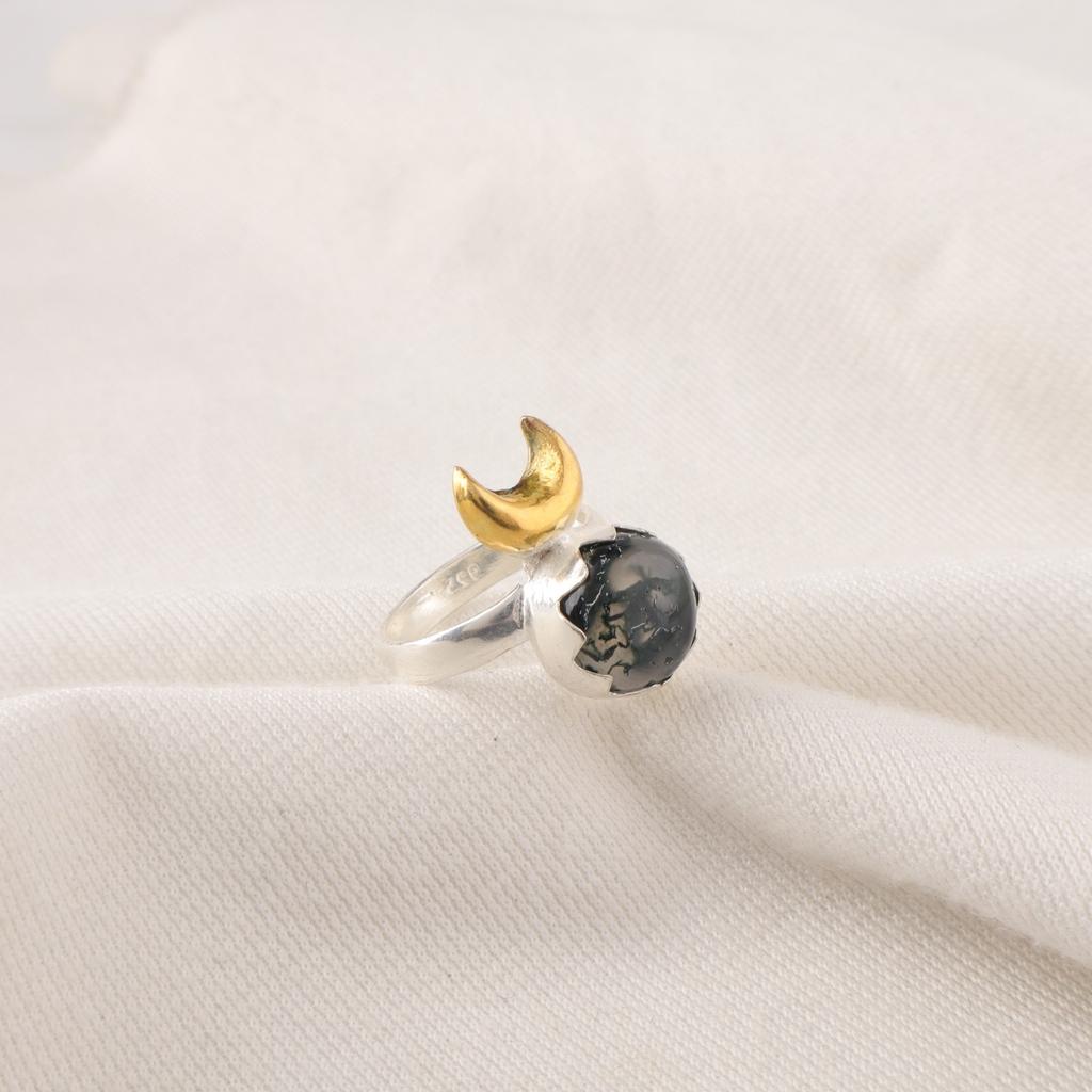 Round Moss Agate Stone Promise Sisters Day Eternity Statement Ring 925 Silver RR-58-37