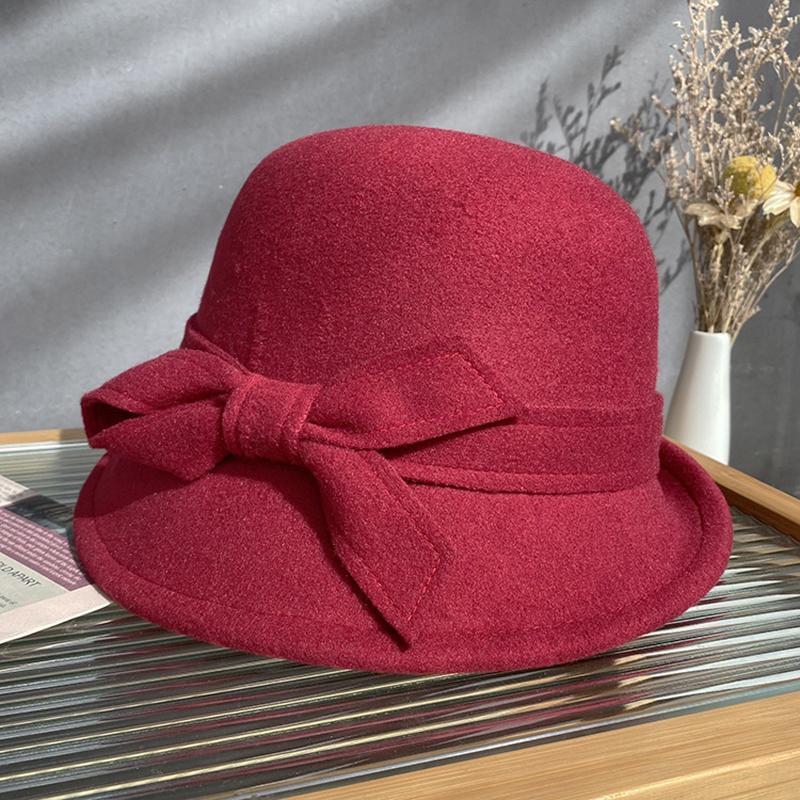 2023 Autumn And Winter New Bucket Basin Of Bowknot Wool Hat Female Warm Fashion Female Warm French Retro Fedoras Hat