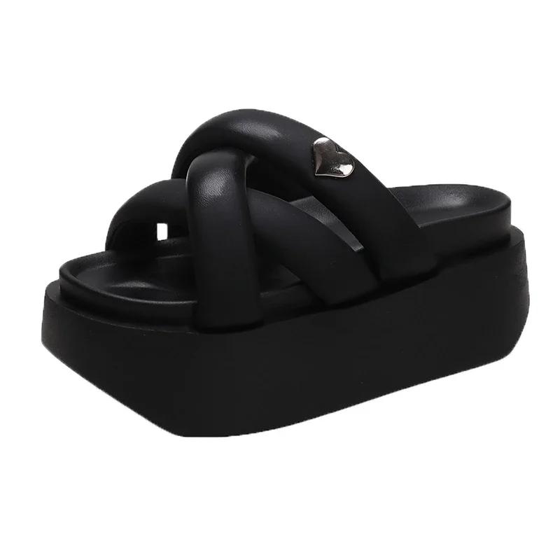 Summer 2023 Chunky Sandals Women's Thick Bottom Wedge Heels Slides 8CM High Heels Platform Leather Casual Beach Flip Flops Woman