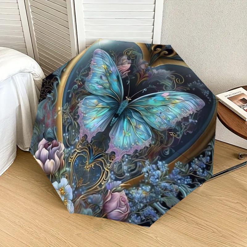 1pc Butterfly Heart Floral Artwork Umbrella with Plastic Handle,Suitable for All Seasons Home Travel Outdoor UmbrellaDD164