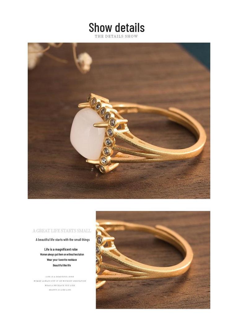 Chinesischer Hofstil Quadratischer Weißer Jade Achat Goldring - Antikes Kostüm Hanfu Accessoire