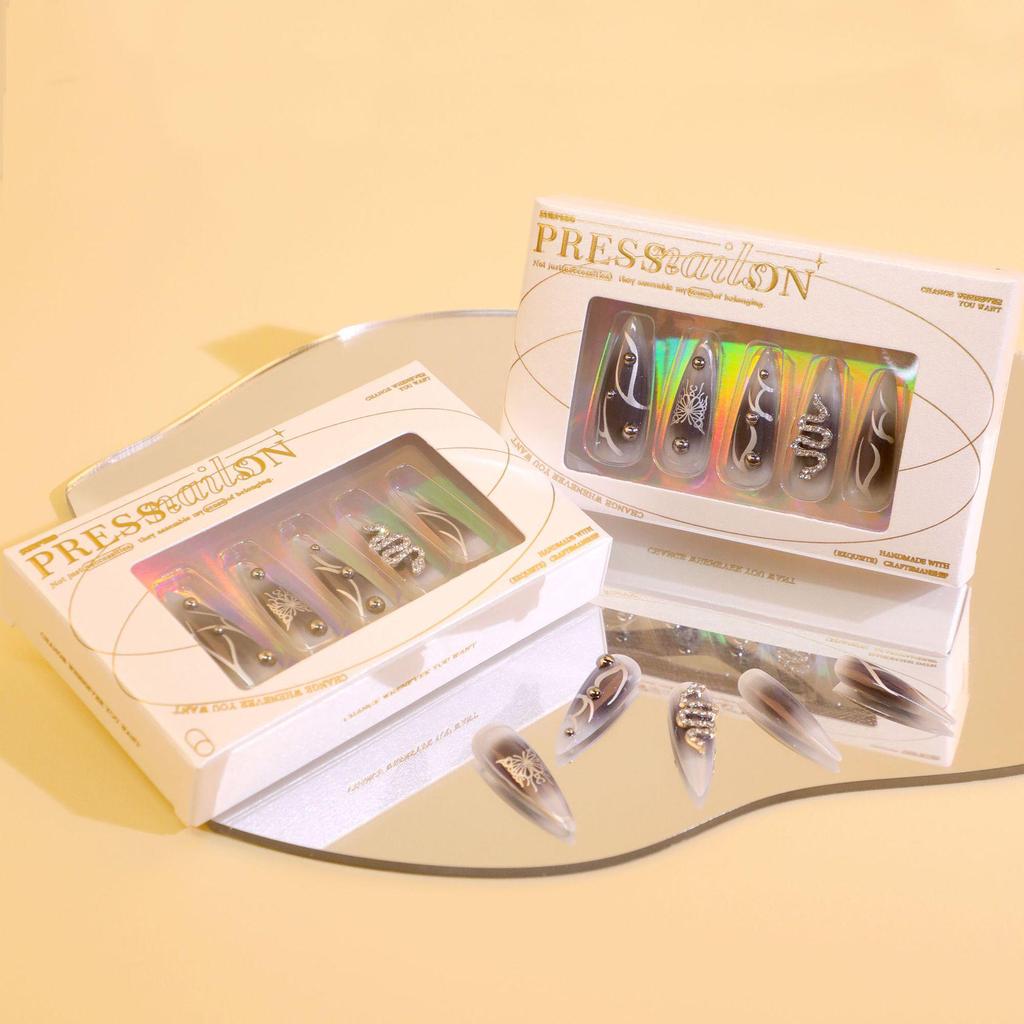 Y2K Dark Punk Style Wearable Nail Patches with Flashy Diamonds, Year of the Snake Design, Butterfly Art, Extra Long Pointy Fake Nails.