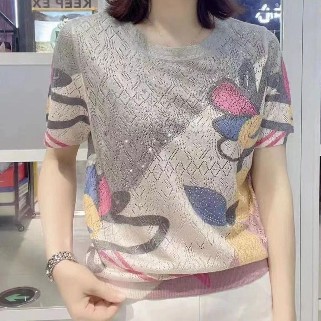 Bedrucktes Kurzarm-T-Shirt für Damen im Sommer Mittelalte und ältere Mütter tragen lockere Übergröße schlankmachendes und vielseitiges Oberteil für Damen