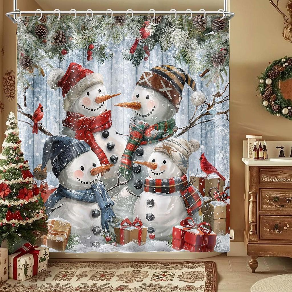 Wathon Christmas Snowman Shower Curtain Winter Snowflake Red Bathroom Set, Funny Christmas Shower Curtains For Kids,Cute Snowman