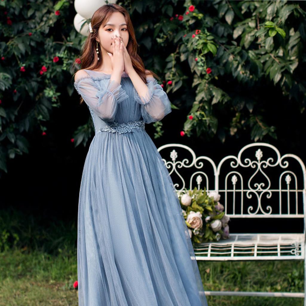 Fest Bröllop Prinsessa Brud Midi Längd Klänning med Perfekt för och Mottagningar Gratis Blå [Formemory] Klänning, Klänning, Klänning, Klänning, Off-the-Shoulder