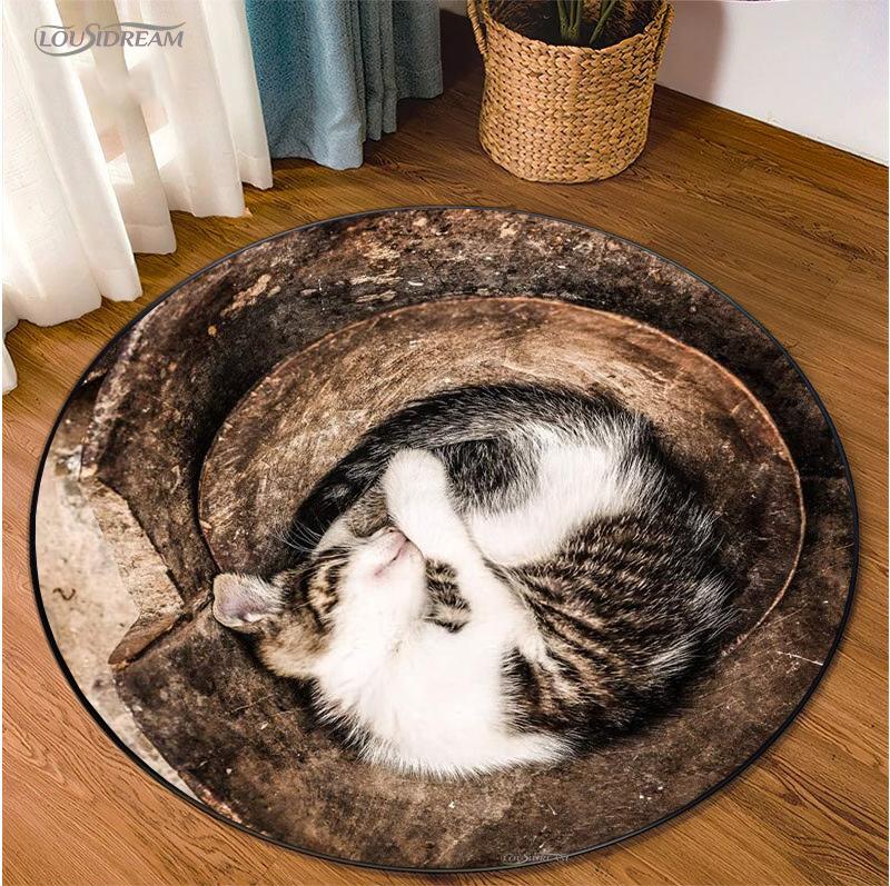 Cute Dog Cat Cartoon Round Area Rug Carpet for Living Room Bedroom Table Kid Play Un-slip Floor Mat Decor Tapete Peludo Alfombra